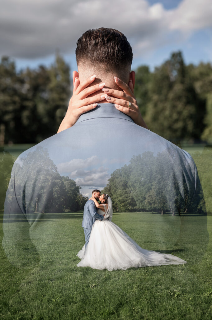 Künstlerische Doppelbelichtung eines Brautpaares bei einer Hochzeit im Park von Schloss Biebrich in Mainz
