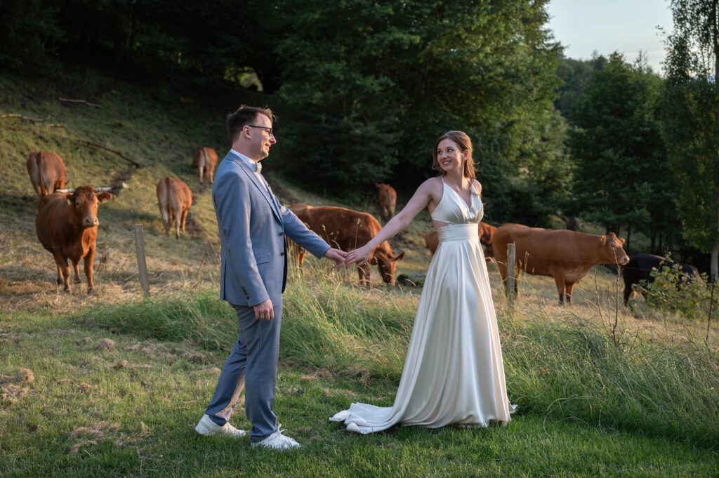 Braut und Bräutigam halten sich an den Händen auf einer Wiese mit Kühen im Hofgut Hohenstein